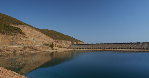 Scenic view of lake against clear blue sky