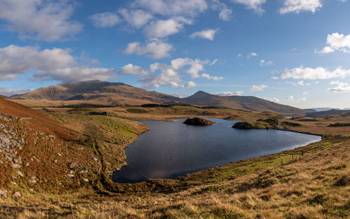 Scenic view of lake and mountains against sky