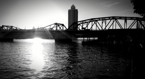 Bridge over river at sunset