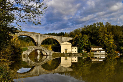 Arch bridge against cloudy sky