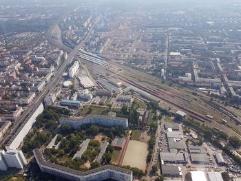 High angle view of street amidst buildings in city