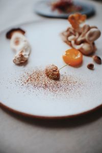 High angle view of dessert in plate on table