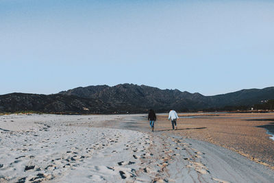 Rear view of man walking on beach against clear sky