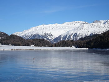 Scenic view of lake and snowcapped mountains against blue sky