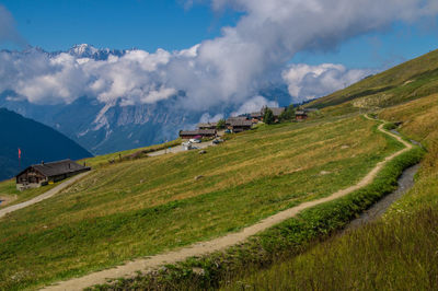 Scenic view of grassy field against sky