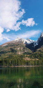 Scenic view of lake by mountains against sky