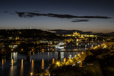 High angle view of illuminated buildings by river against sky