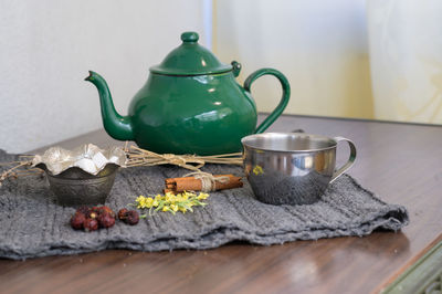 Close-up of tea cup on table