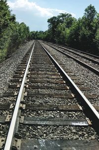 Railway tracks by trees against sky