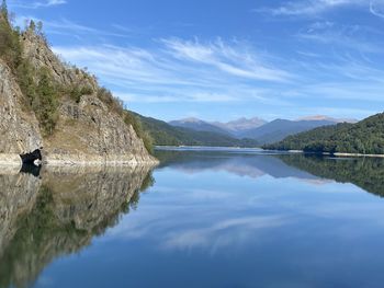 Scenic view of lake by mountains against sky