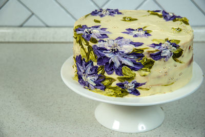 High angle view of purple flowers on table