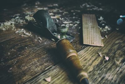 High angle view of wood on table