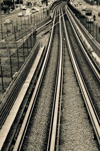 High angle view of railroad tracks in city