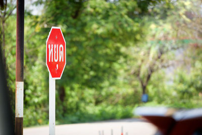 Close-up of road sign against trees