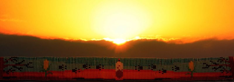 View of people in field at sunset