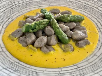 High angle view of food in plate