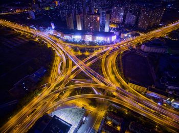 High angle view of city street at night