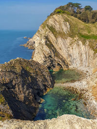 Rock formations by sea against sky