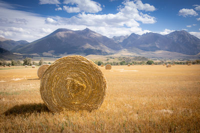 Hay bales on field against sky