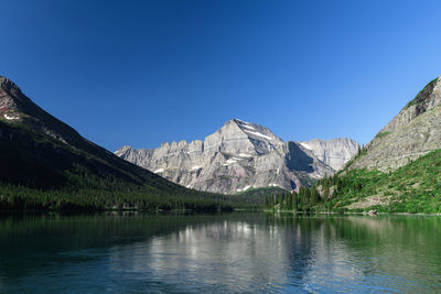 Scenic view of lake and mountains against clear blue sky