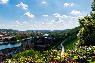 High angle view of river amidst buildings against sky