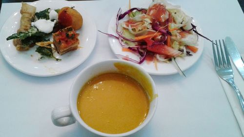 High angle view of food in plate on table