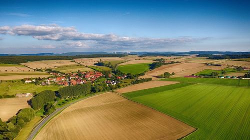 High angle view of agricultural field against sky