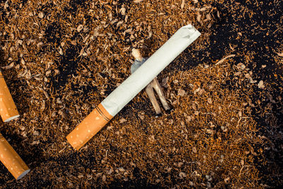 High angle view of cigarette on table