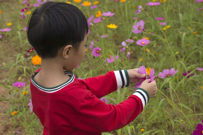 Close-up of boy looking at flowering plants