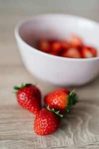 Close-up of strawberries in bowl on table