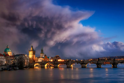 Illuminated bridge over river by buildings against sky