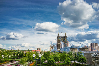 Buildings in city against cloudy sky