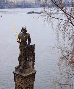 Statue by tree against sky during winter