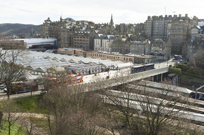 High angle view of buildings against sky