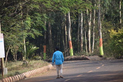 Rear view of man walking on road in forest