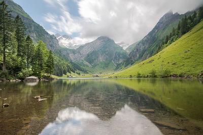 Scenic view of lake and mountains against sky