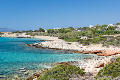 Scenic view of sea against clear blue sky