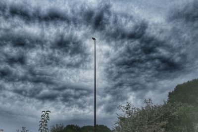 Low angle view of trees against cloudy sky