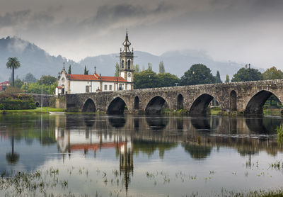 Bridge over river by buildings against sky