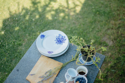 High angle view of coffee cup on table