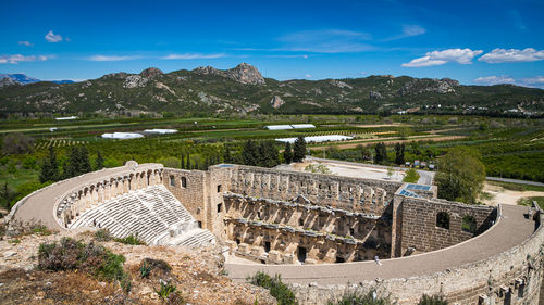 Aerial view of aspendos antique theater, best-preserved antique theater in the world