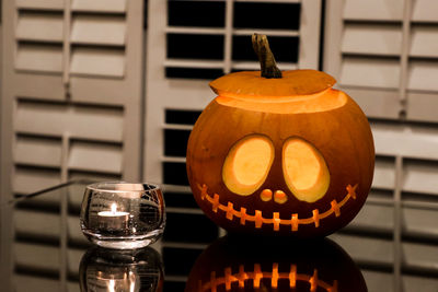 Close-up of illuminated halloween pumpkin