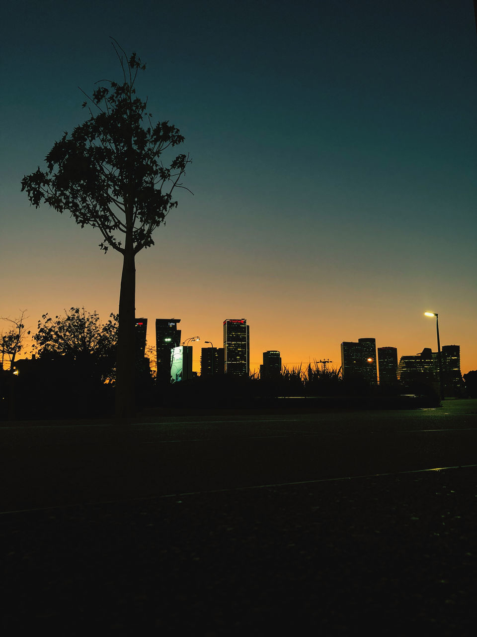 SILHOUETTE TREES AND BUILDINGS AGAINST SKY AT SUNSET