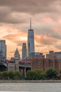 Buildings in city against cloudy sky at sunset