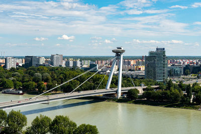 River amidst buildings in city against sky