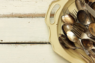 Overhead view of vintage silver cutlery