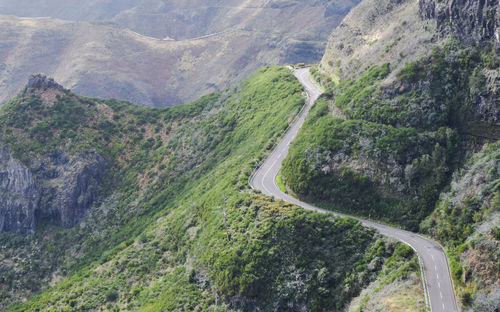 High angle view of road amidst mountains