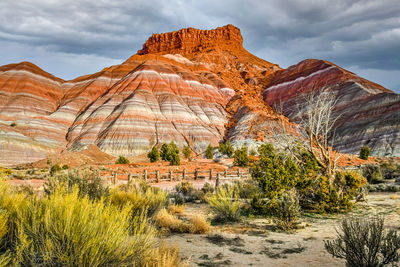 Rock formations on mountain against sky