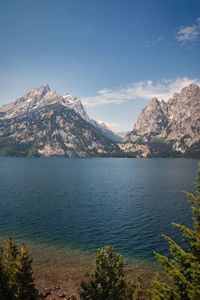 Scenic view of lake and mountains against sky