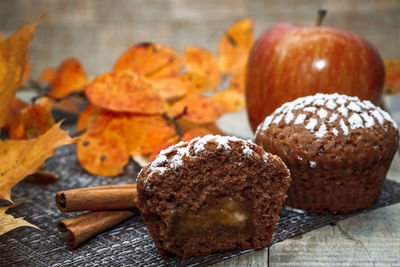 Chocolate muffins with apple filling on a background of autumn leaves and cinnamon